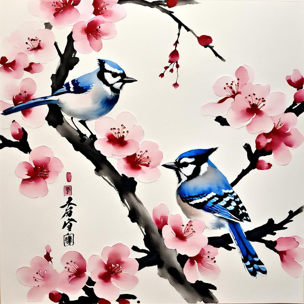 Cherry Blossoms and Blue Jay in Sumi-e Style
