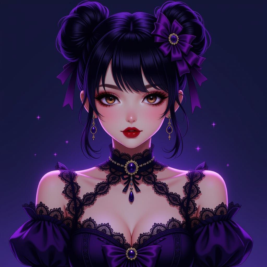 Gothic Lolita Anime Woman in Black and Purple Dress
