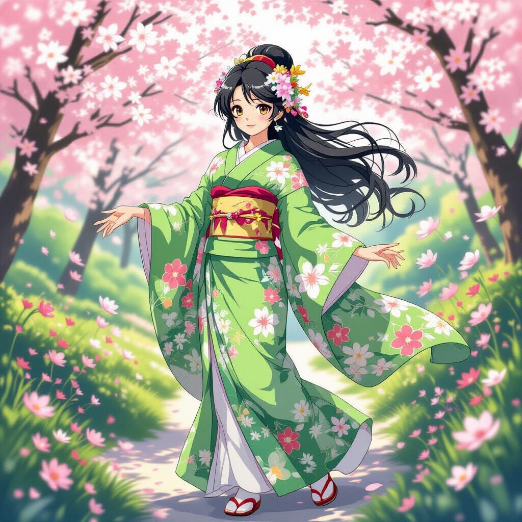 Anime Goddess of Flowers in Whimsical Style