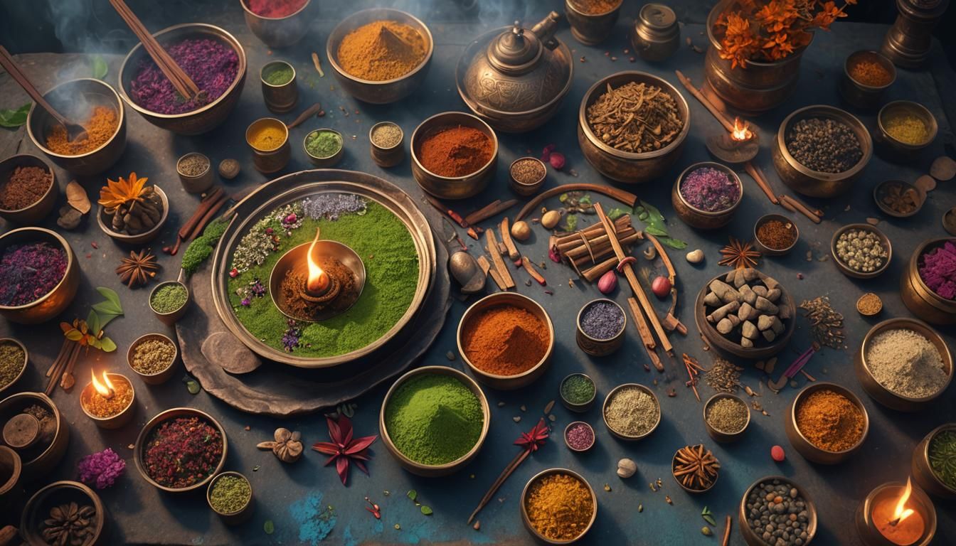 Indian Ayurvedic Medicine with Incense in Detailed Matte Pai...