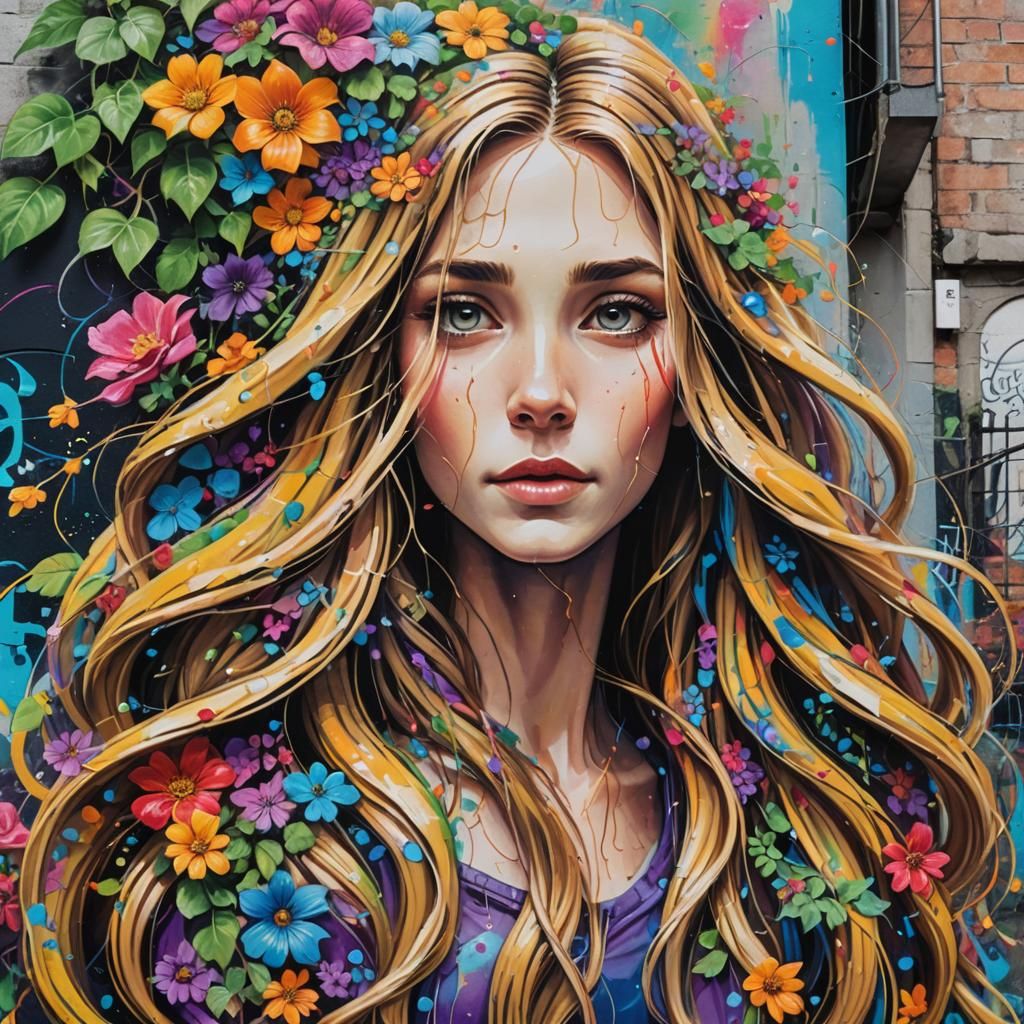 Rapunzel in City Alleyway Graffiti Art