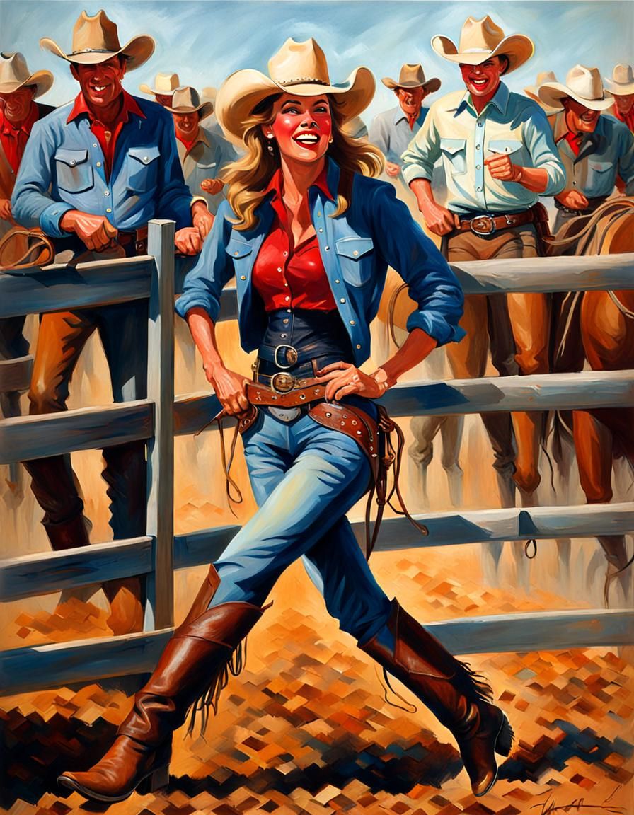 Laughing Cowgirl at Rodeo in Oil Painting Style