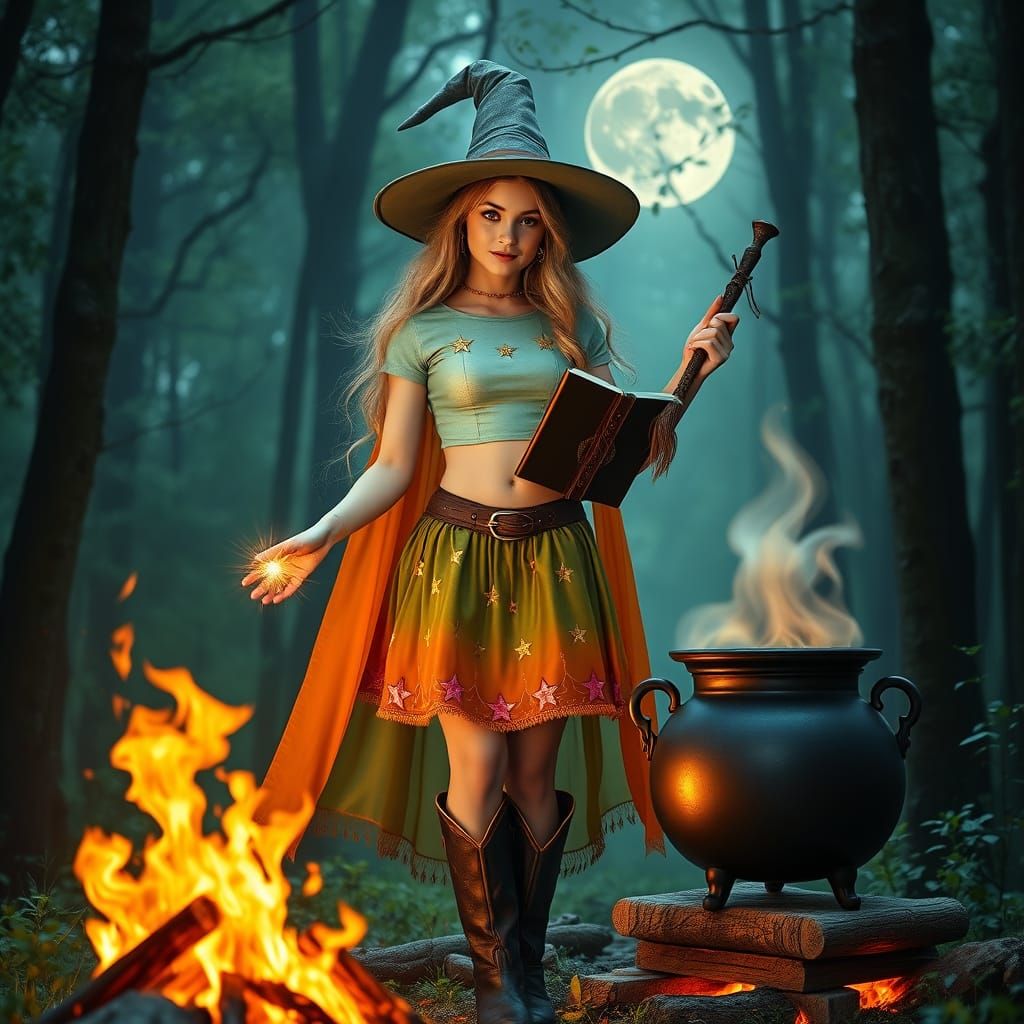 Young Witch in Magic Forest with Glowing Wand