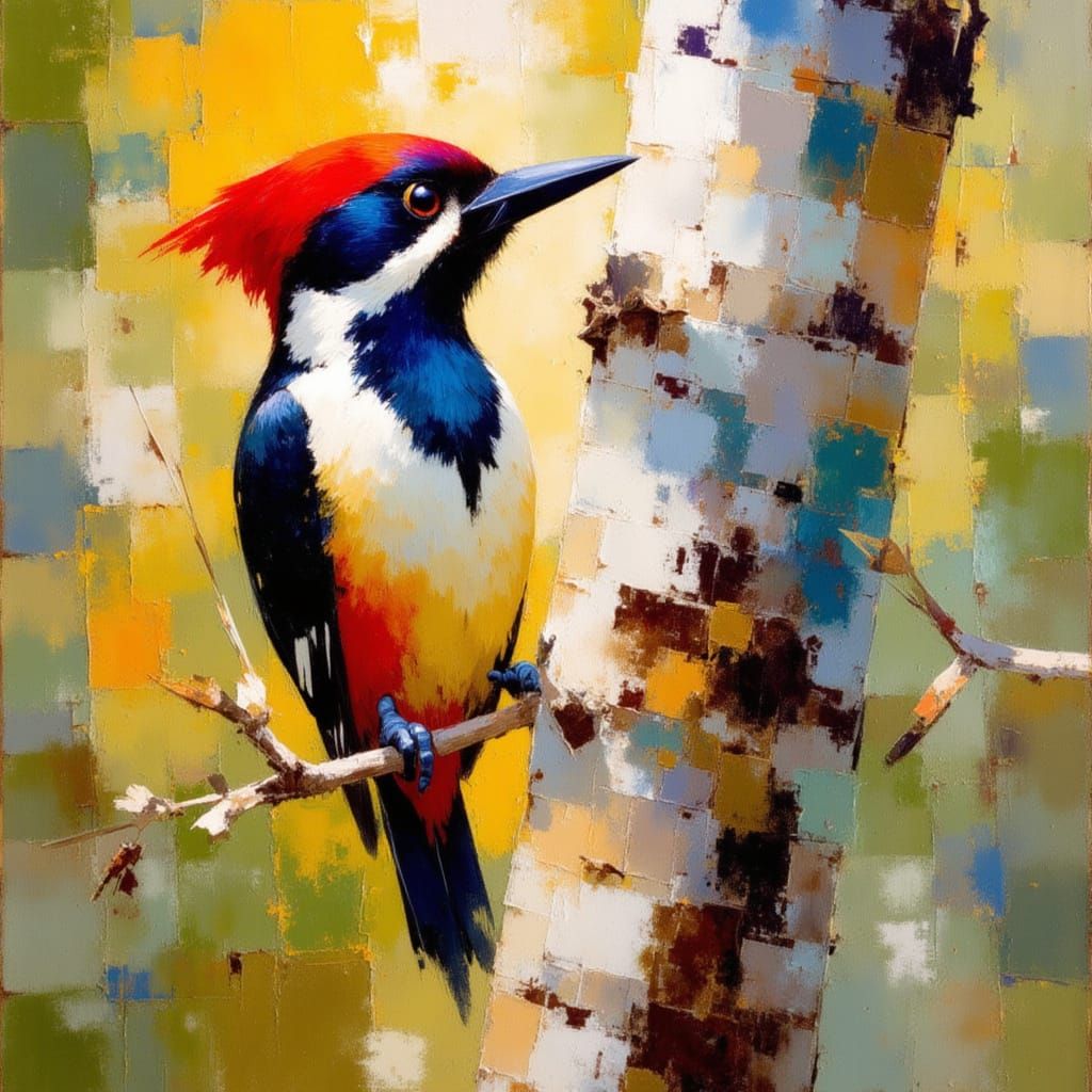 Vibrant Woodpecker Portrait in Birch Tree Realism