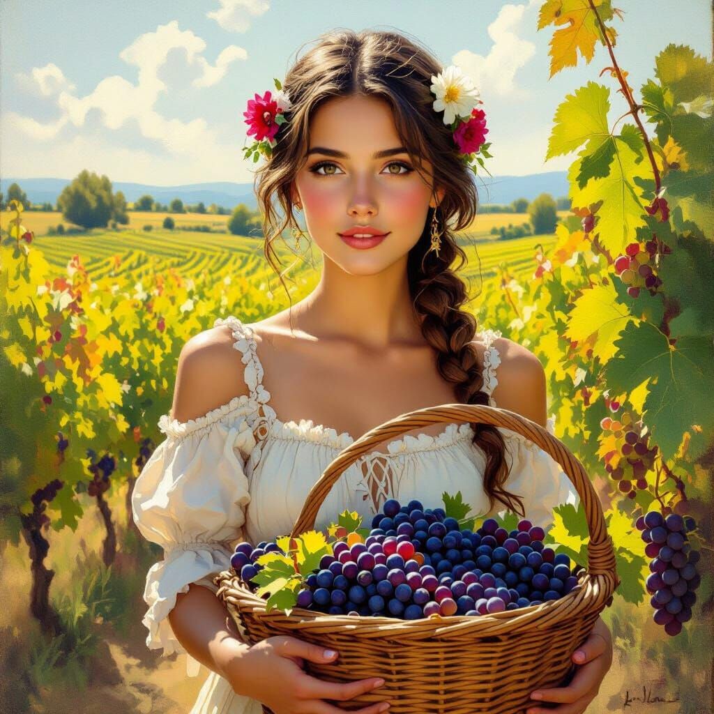 Romanian Woman in Vineyard, Oil Painting Style