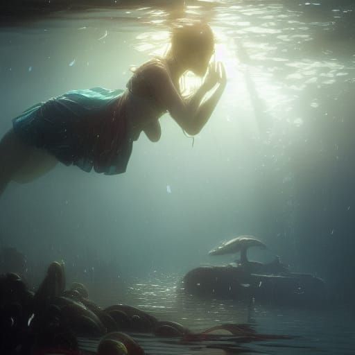 Theatrical Underwater Corpse: Hyperdetailed Concept Art