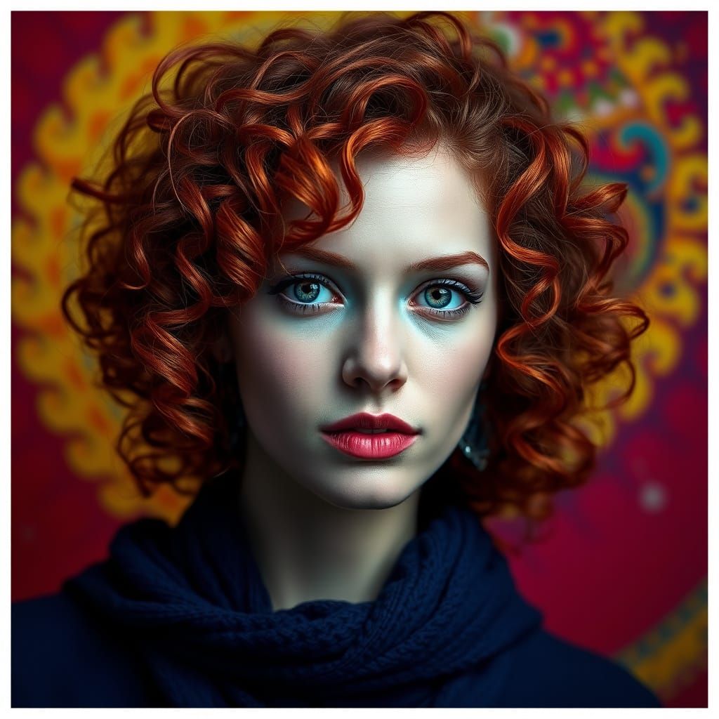 Hyperrealistic Portrait of a Woman with Vibrant Curly Hair a...