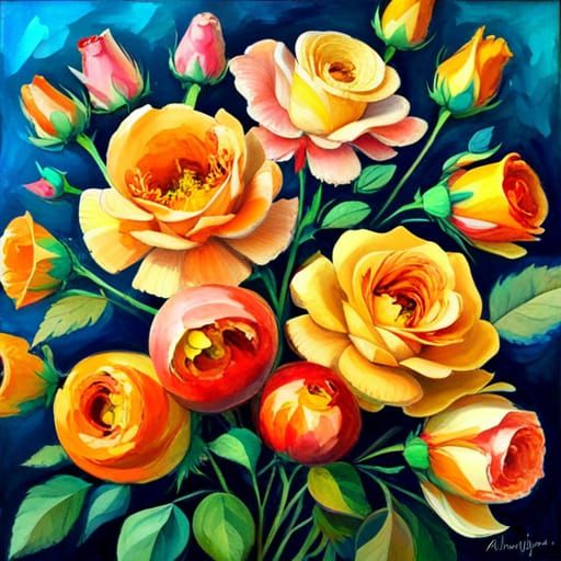 Impressionist Rose Bouquet in Gouache Style