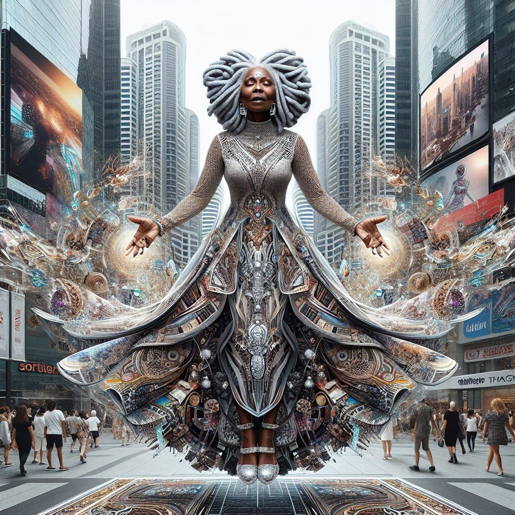Elegant Woman in Futuristic Gown Floats in City