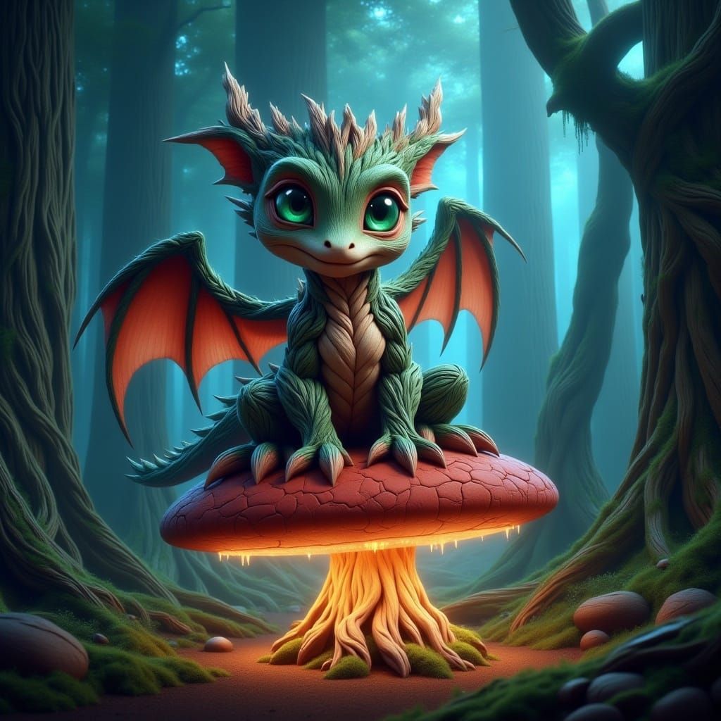 Cute Chibi Dragon on Bioluminescent Mushroom