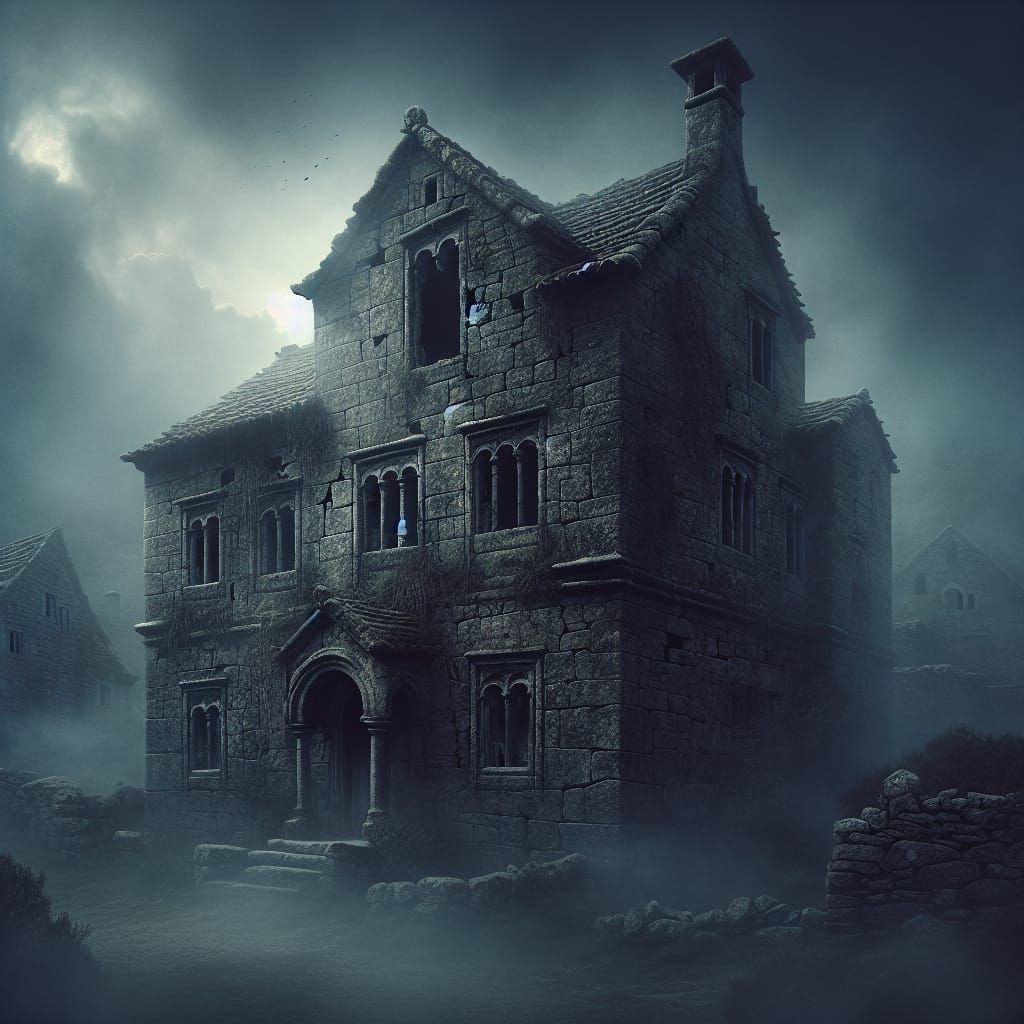 Eerie Stone House in Fog, Digital Matte Painting