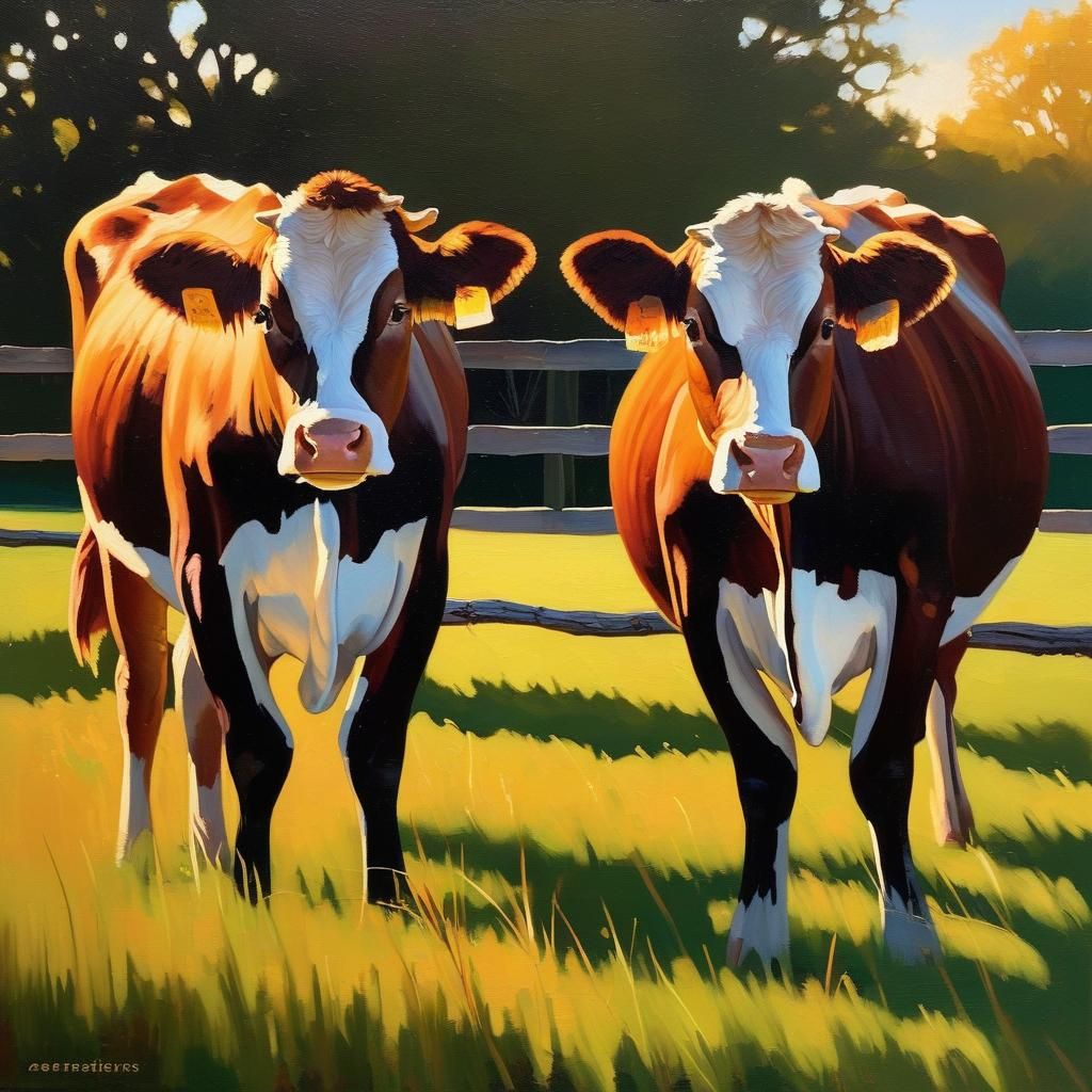 Cows Grazing in Texas Meadow: Americana Painting