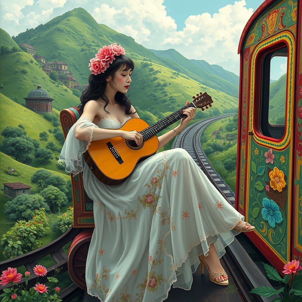 Woman Guitarist on Train, Dreamy Art Style