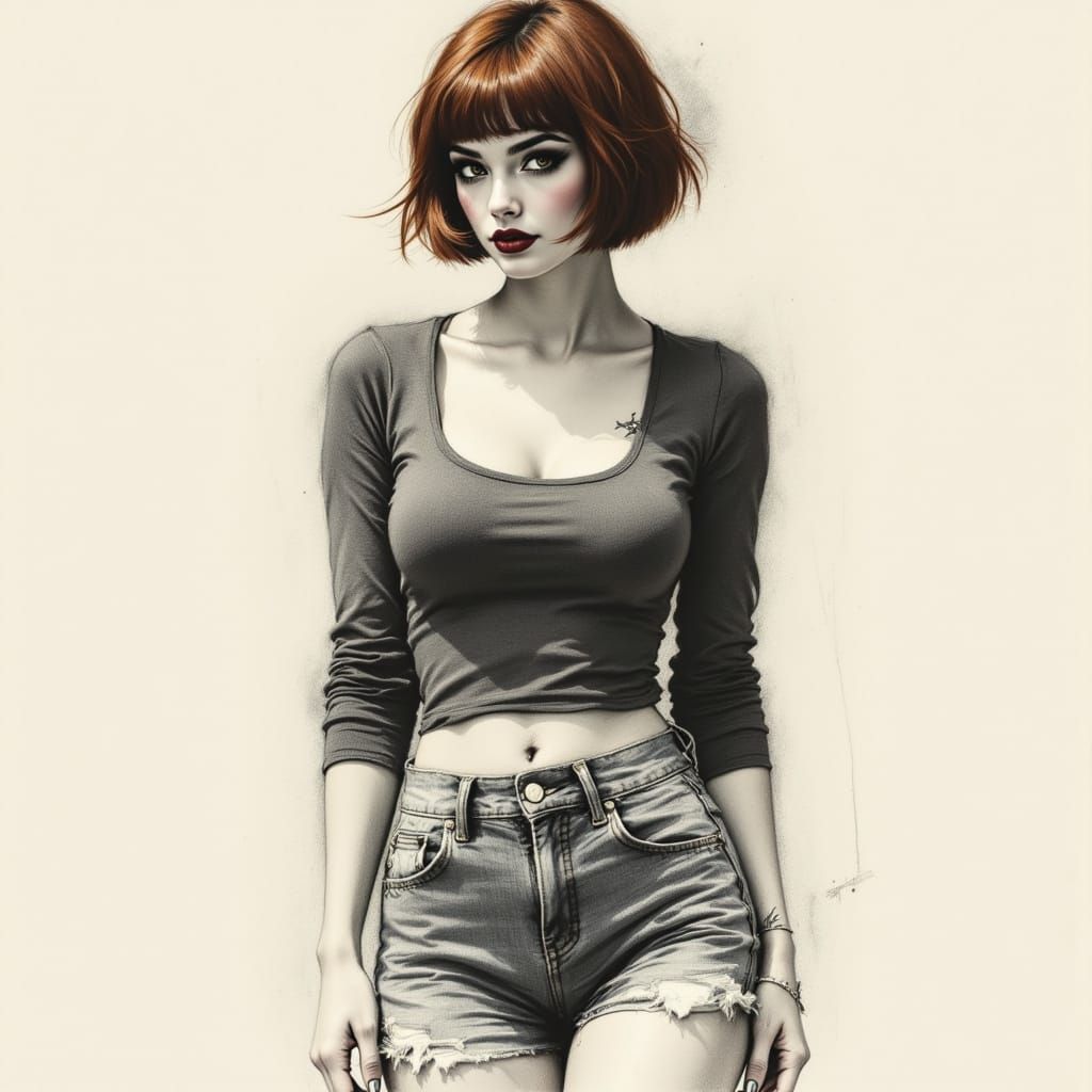 Charcoal Sketch of Woman with Rose Tattoo and Maroon Lipstic...