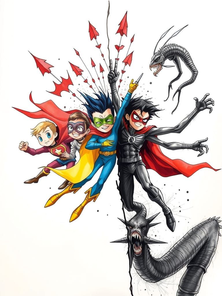 Kidcore Superheroes Clash in Ink and Watercolor