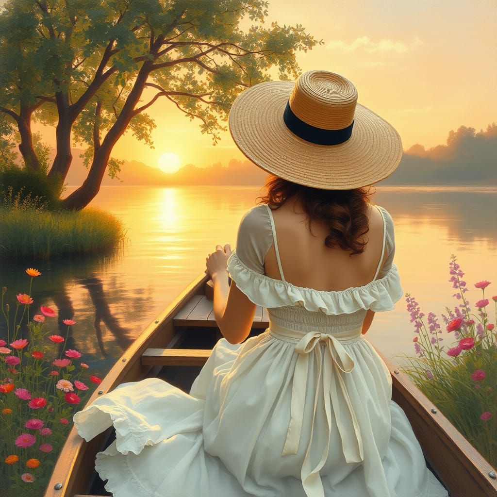 Ethereal Impressionist Lady Approaches Serene Sunset Shore