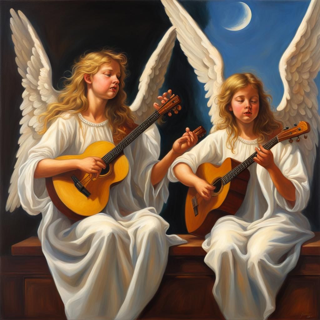 Angels Playing Music in Heaven: Hyperrealistic Oil Painting