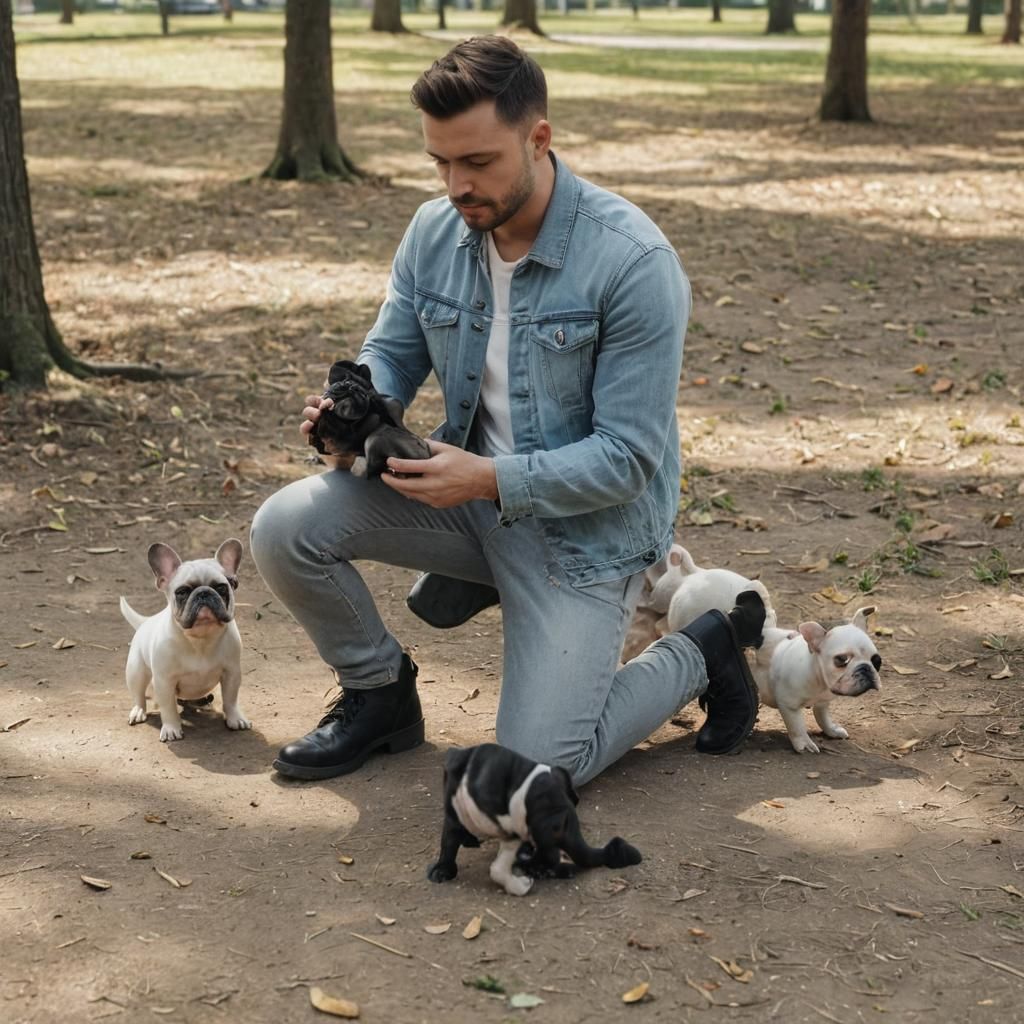 Man Plays with French Bulldogs in Sunny Park