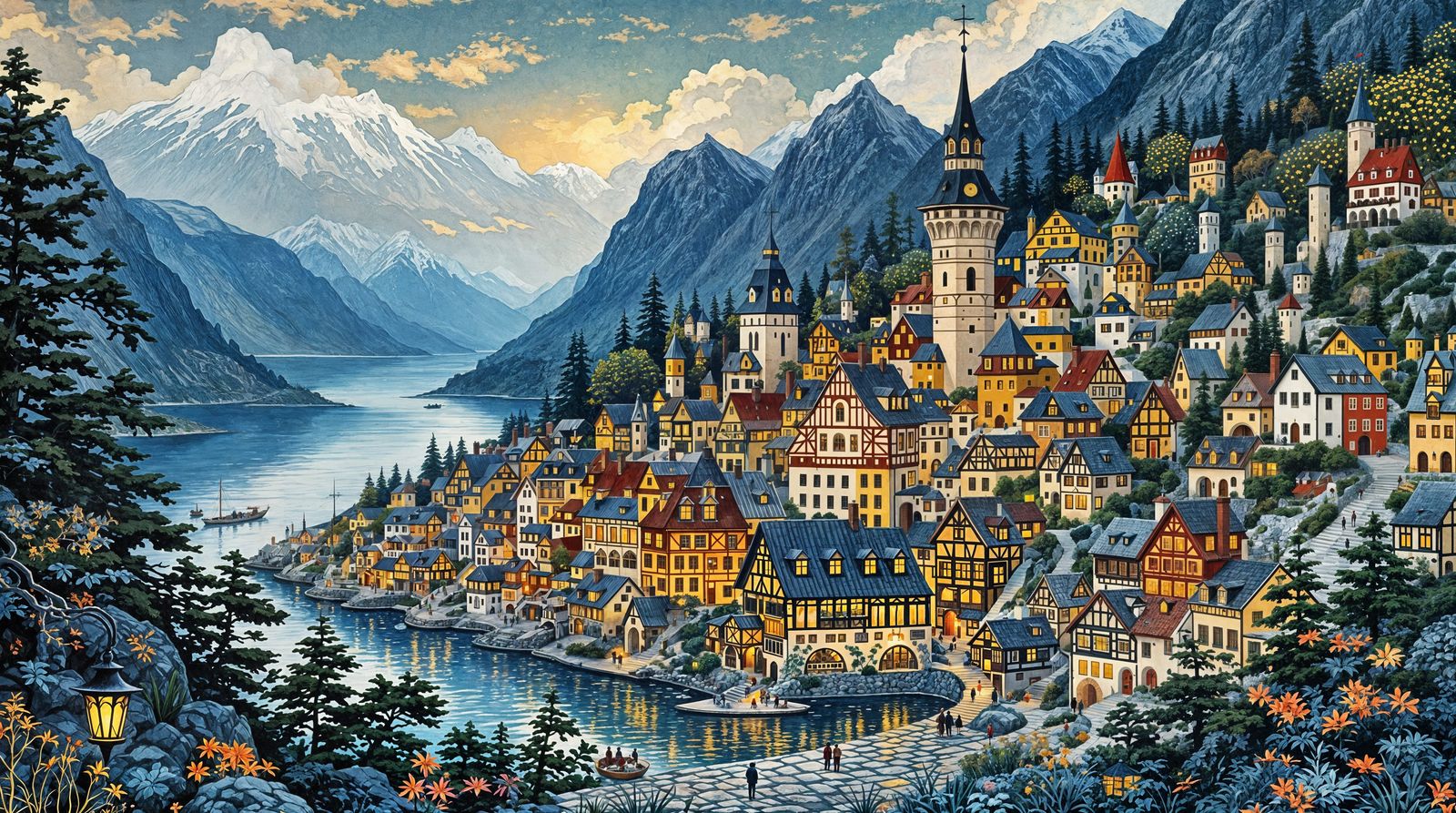 Medieval Norwegian Townscape in Intricate Folk Art Style
