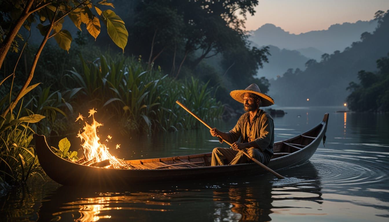 Detailed Dry Leaf with Canoe Scene Painting