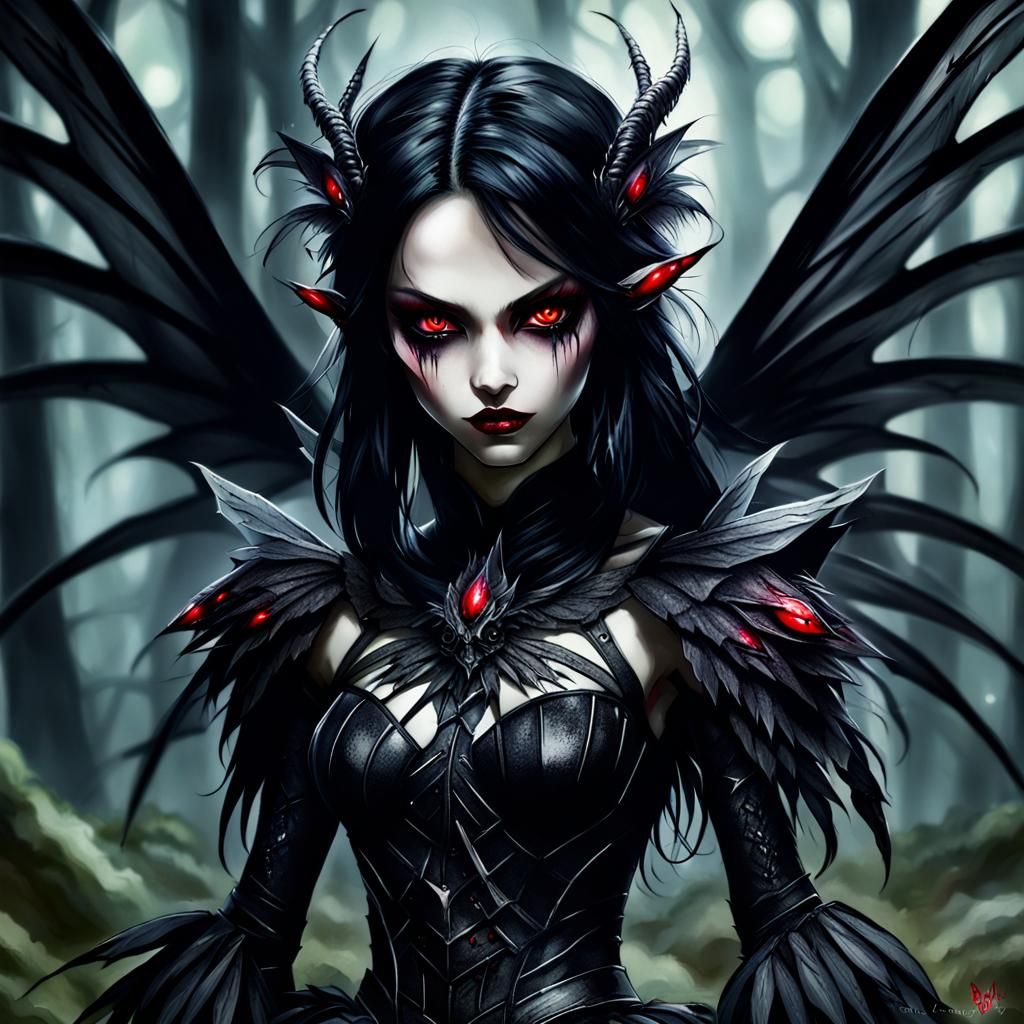 Sinister Dark Fairy with Black Wings and Red Eyes