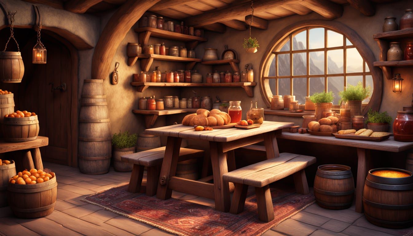 Cozy Hobbit Pantry with Food and Drink