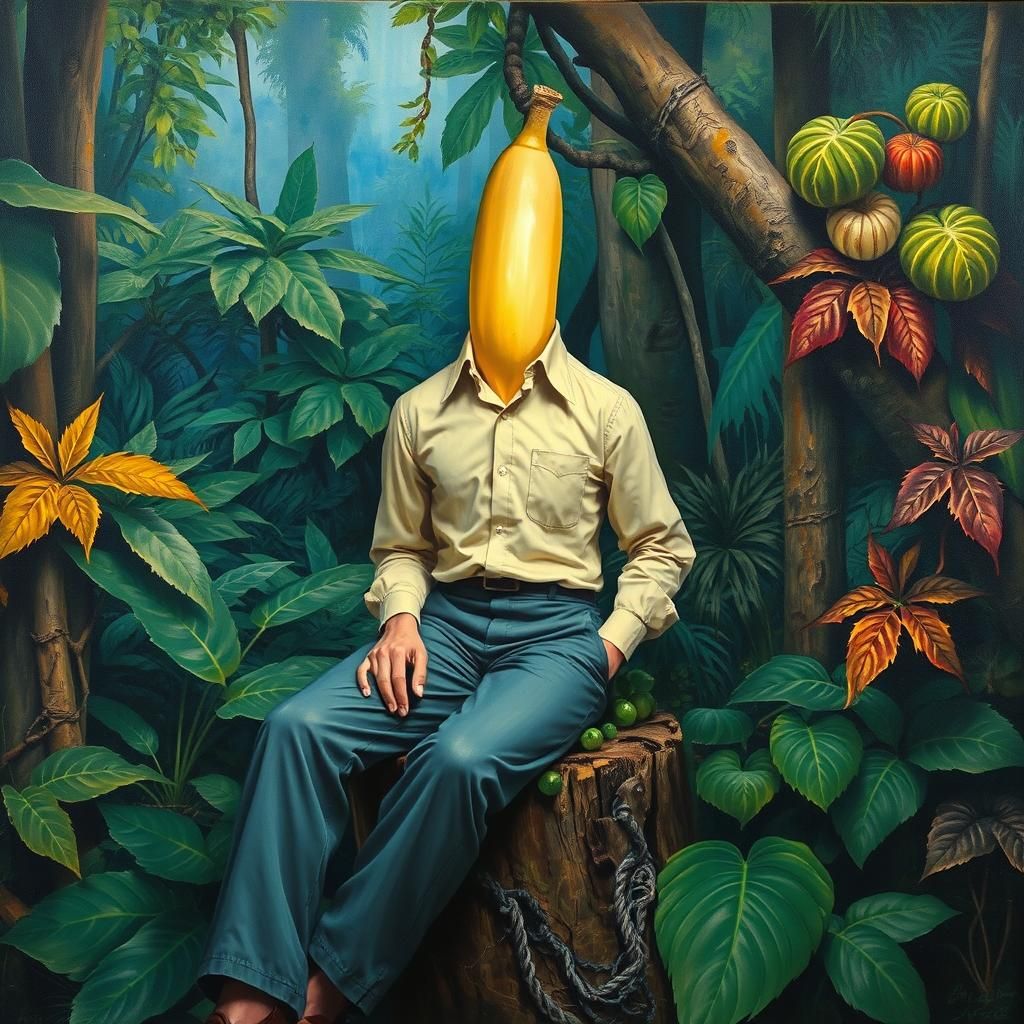 Surreal Half-Human Banana Hybrid in Jungle, Oil on Canvas