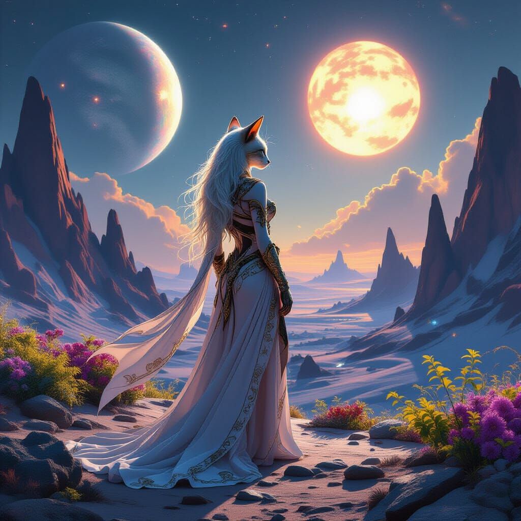Feline Woman on Alien Planet with Twin Suns