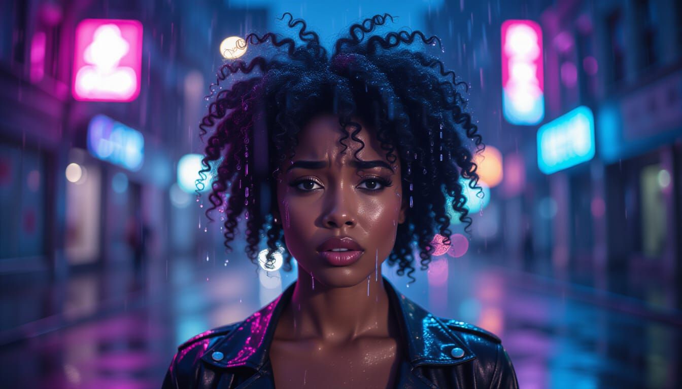 Afro in Neon Rain: Woman's Moody City Night