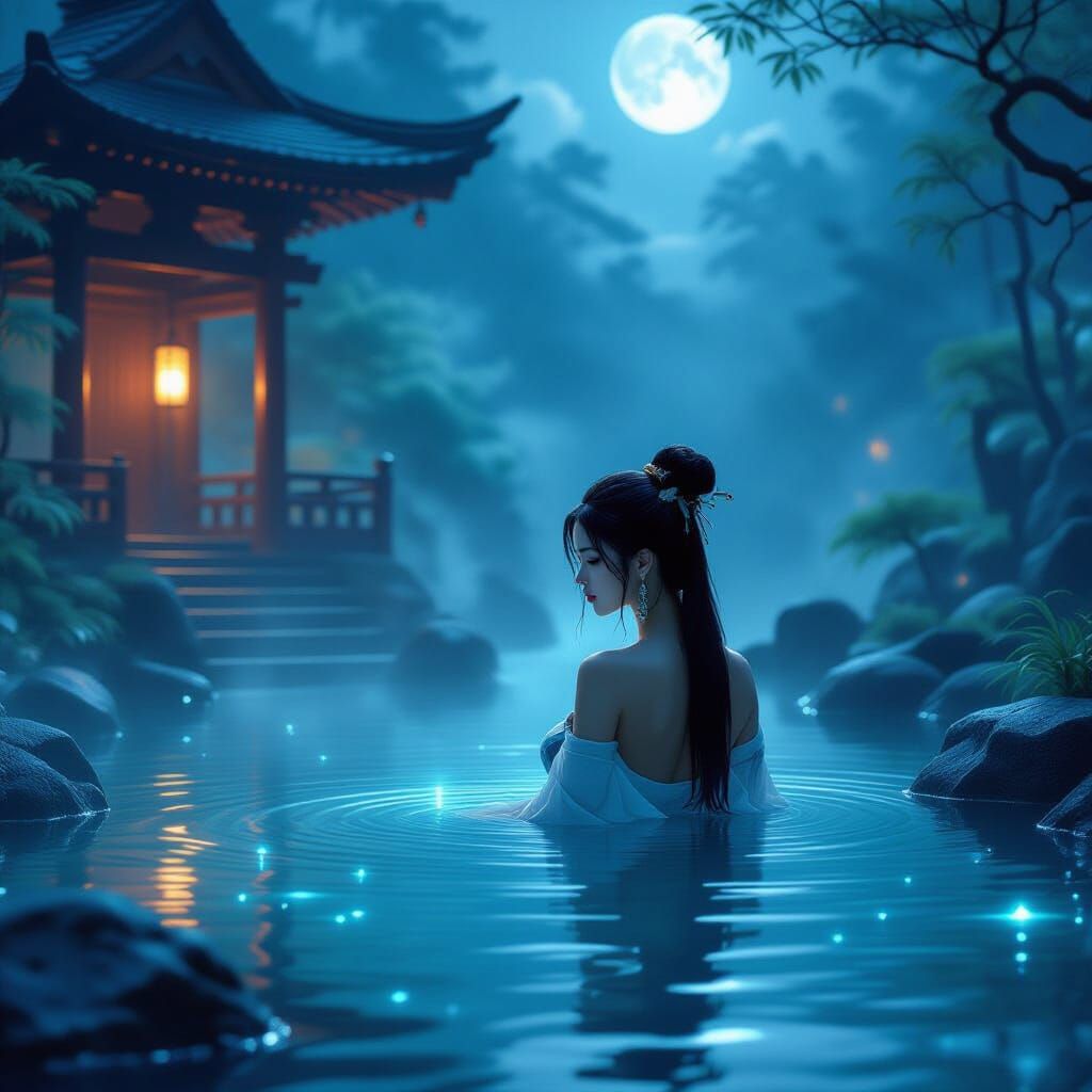 Bathing Priestess in Moonlit Japanese Temple