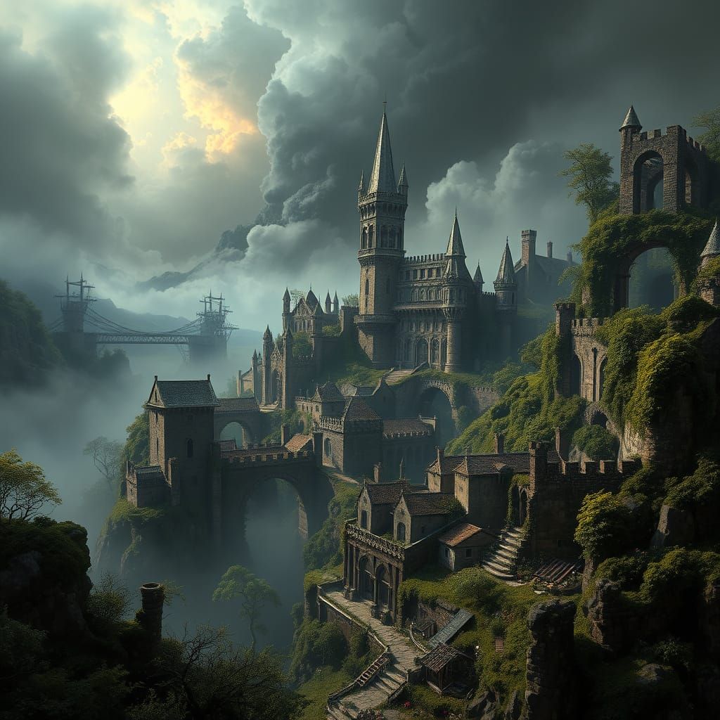 Surreal Medieval City Lost in Fog, Dark Fantasy Art