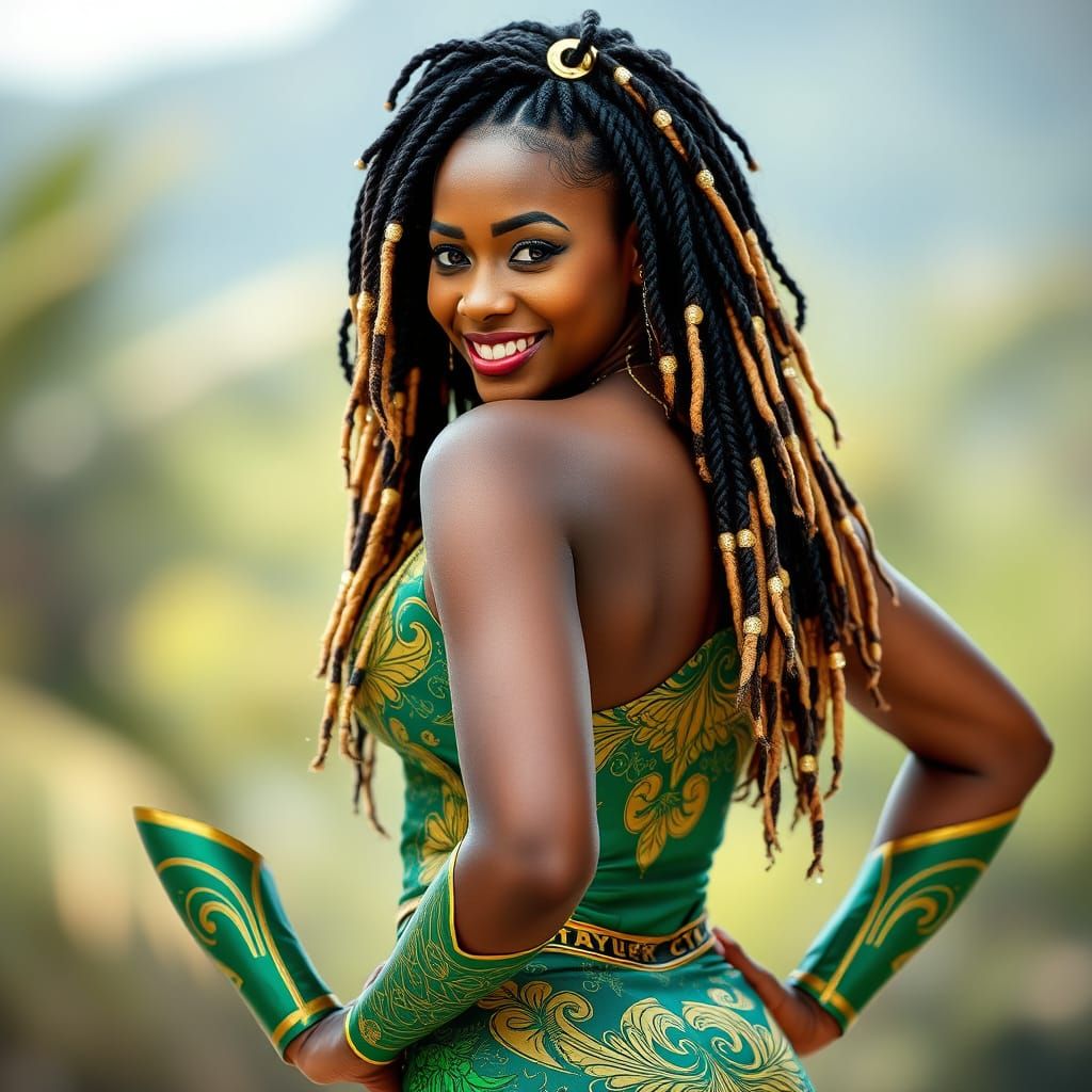 Vibrant Island Superheroine in Emerald Green and Gold