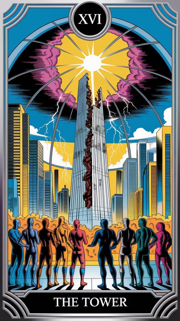 Cyberpunk Tarot Card: The Tower in Comic Book Style