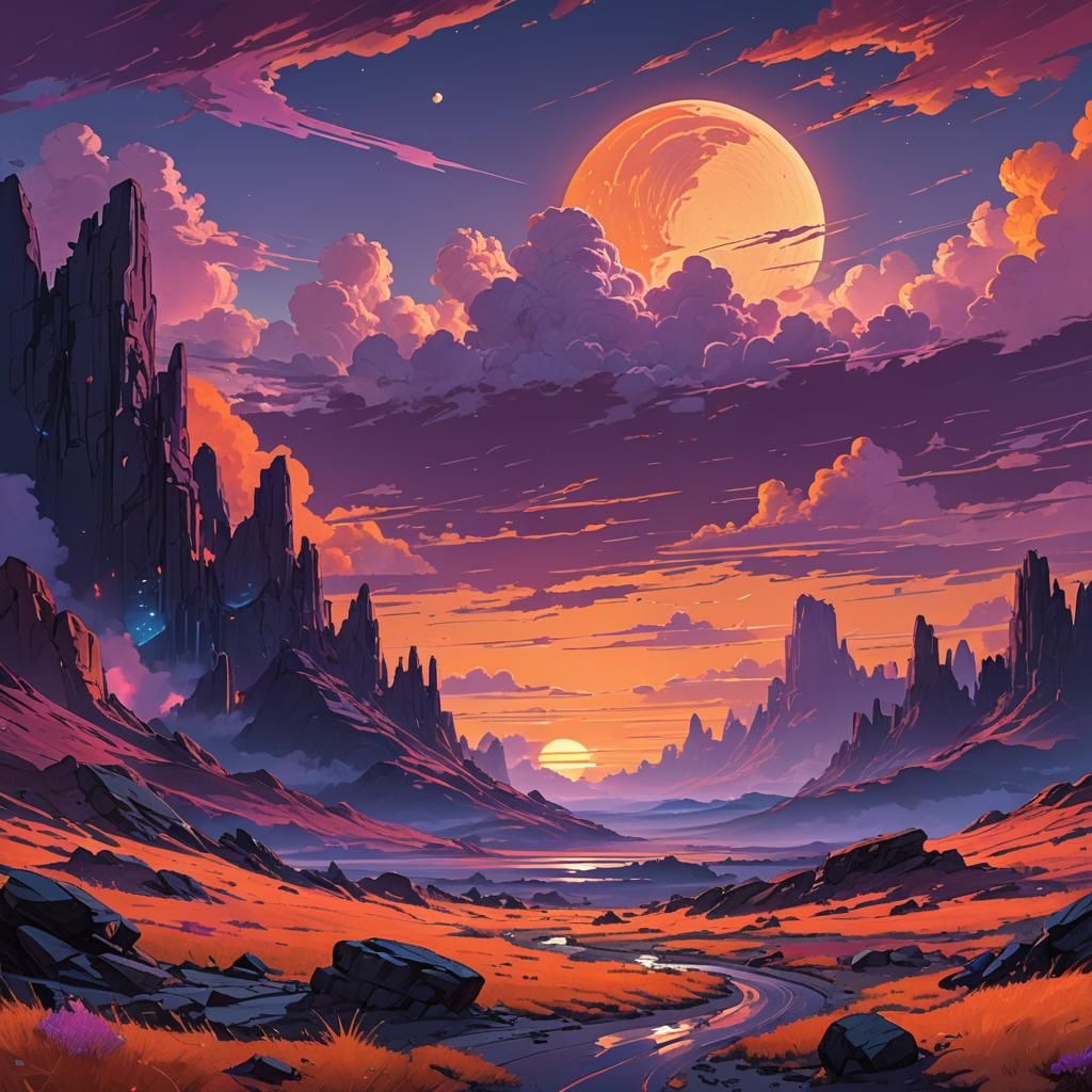 Glowing Dusk Landscape in Sci-Fi Style