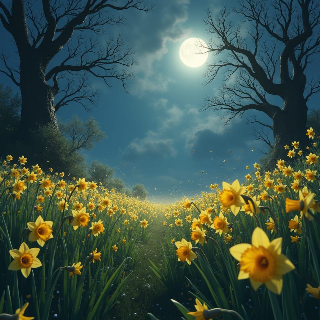 Whimsical Daffodils Dance Under Silvery Moonlight