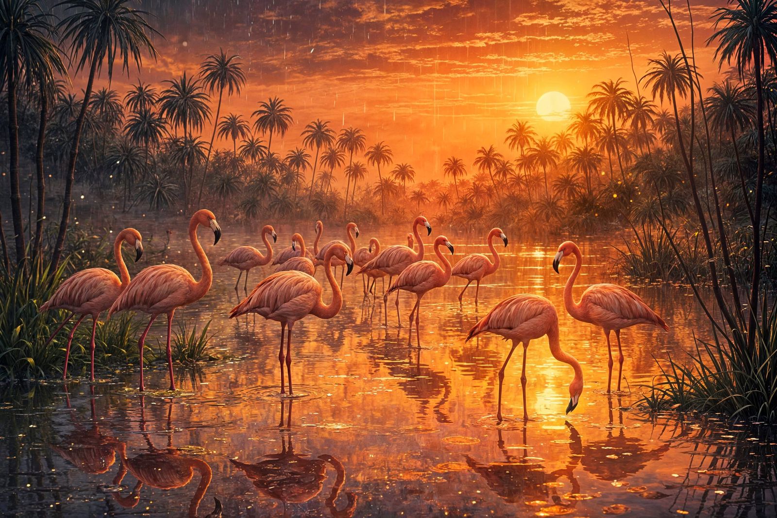 Flamingos in Swamp During Sunset Rain