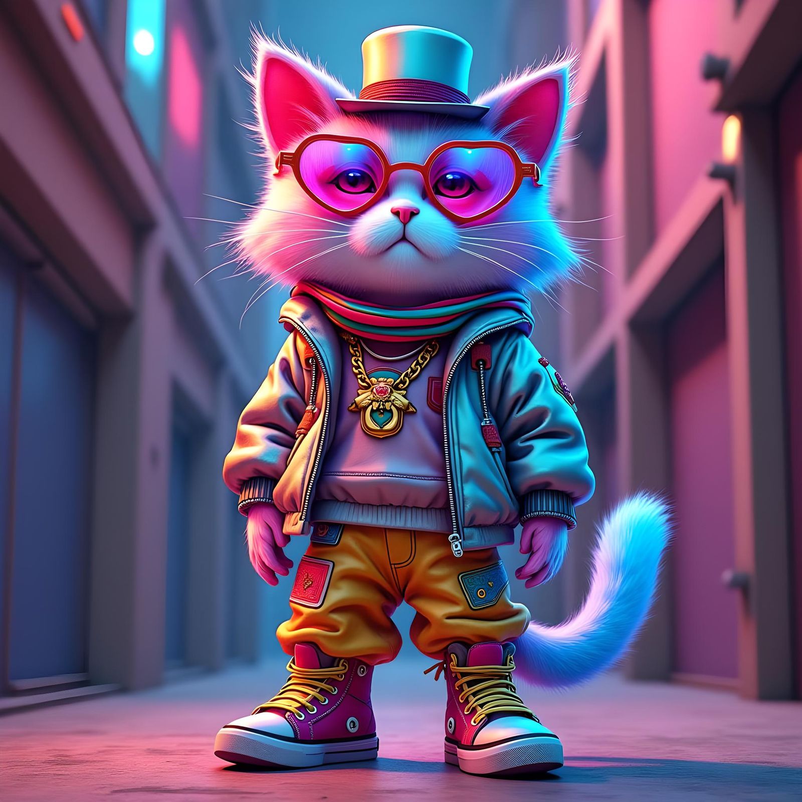 Cartoon Cat with Neon Fur in Futuristic City