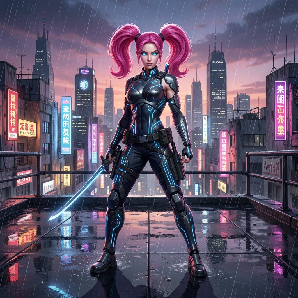 Cyberpunk Samurai on Neon Rooftop