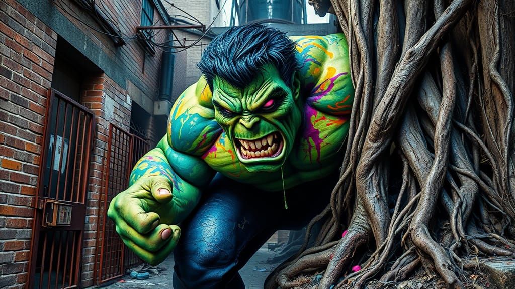 Surreal Hulk-Evoli Hybrid in Gritty Graffiti Style