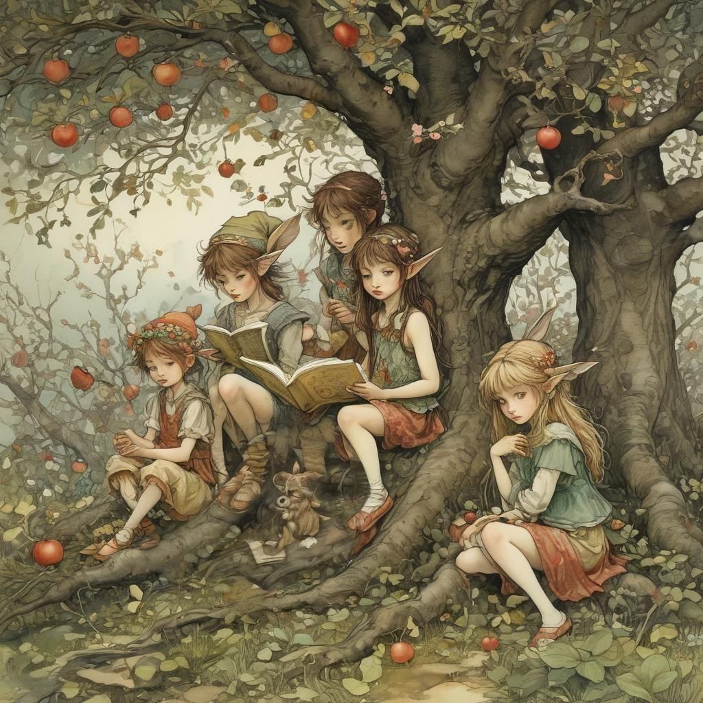 Fairies and Elves Reading Under Apple Tree