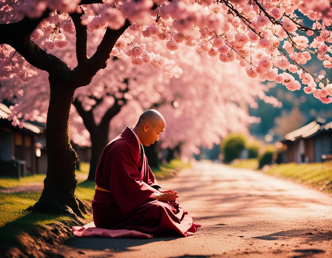 Monk's Prayer Under Cherry Blossoms: Cinematic Still