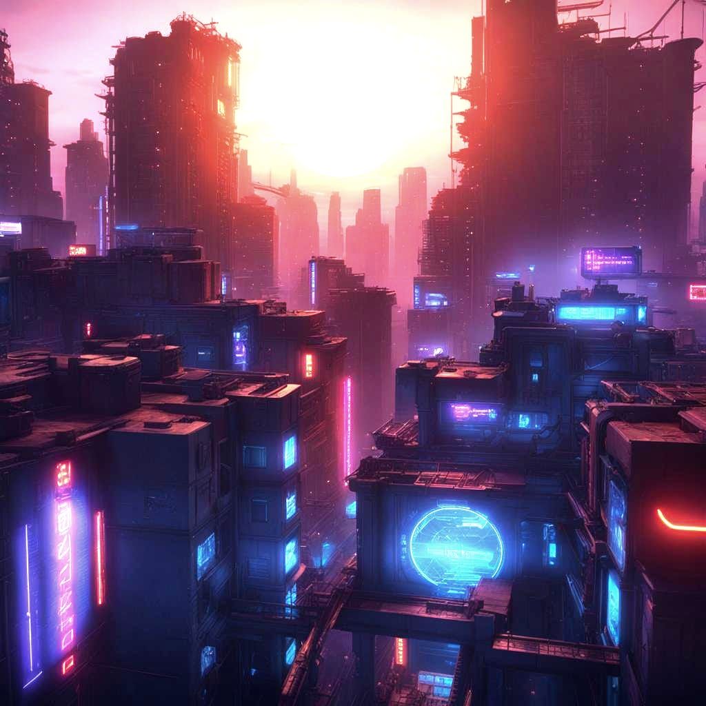 Dystopian City Sunset in Cyberpunk Style
