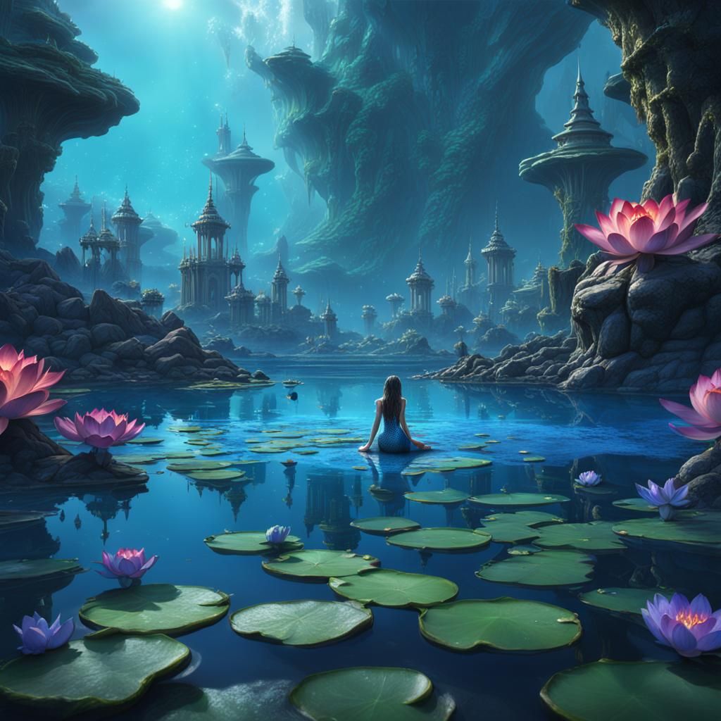 Magical Blue Lotus Lake Mermaid: Detailed Fantasy Art