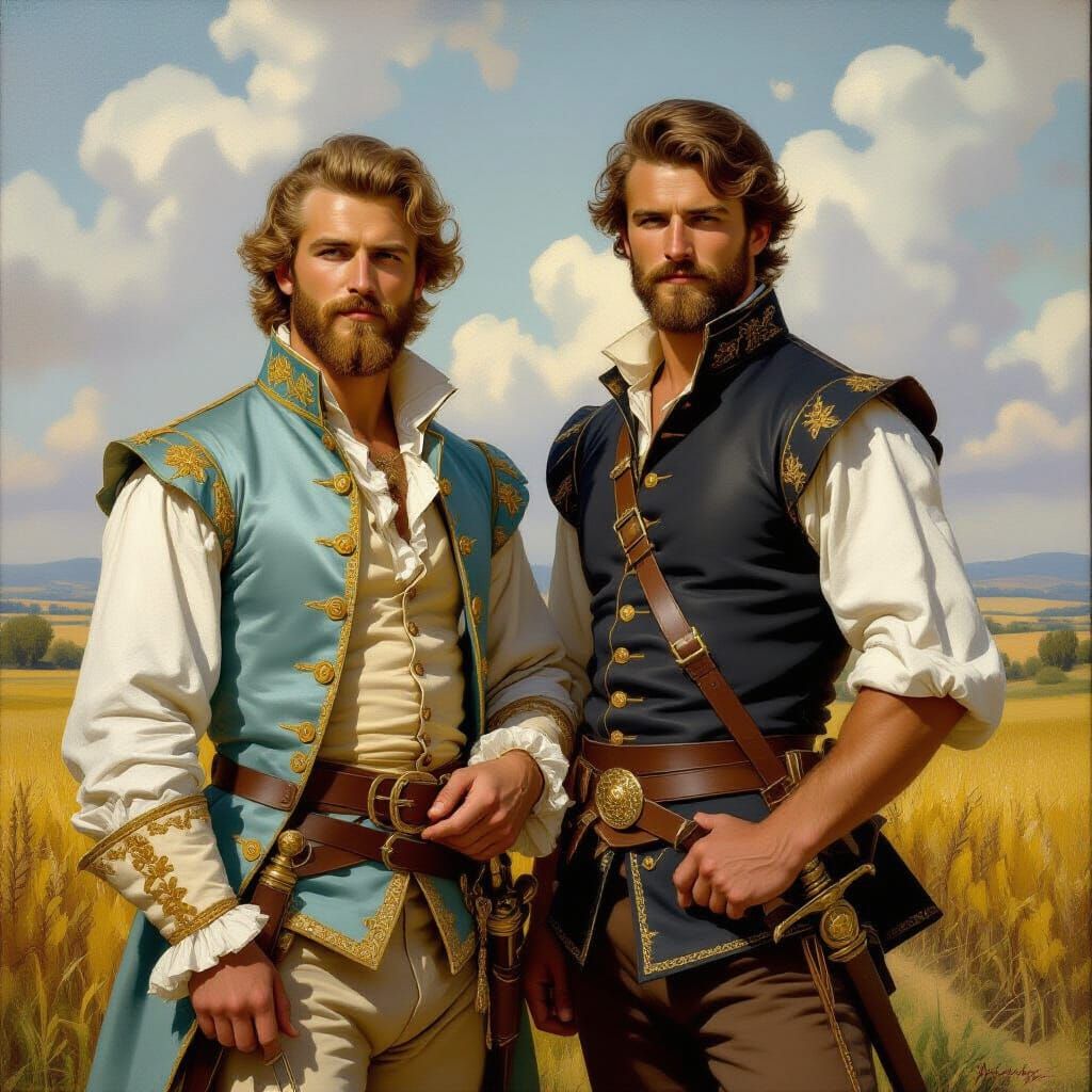 Two Musketeers in Tuscany Landscape as Oil Painting