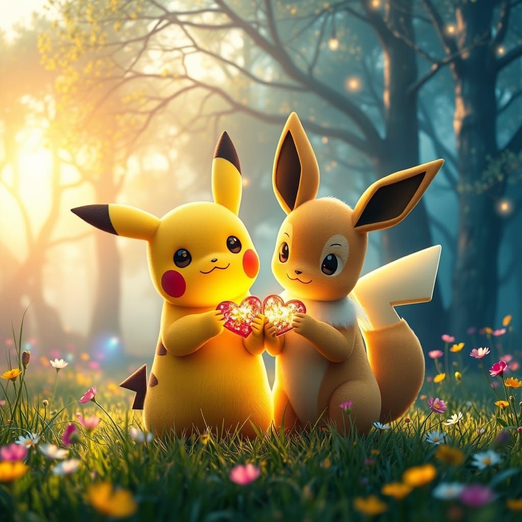 Whimsical Pikachu and Eevee in Enchanted Meadow