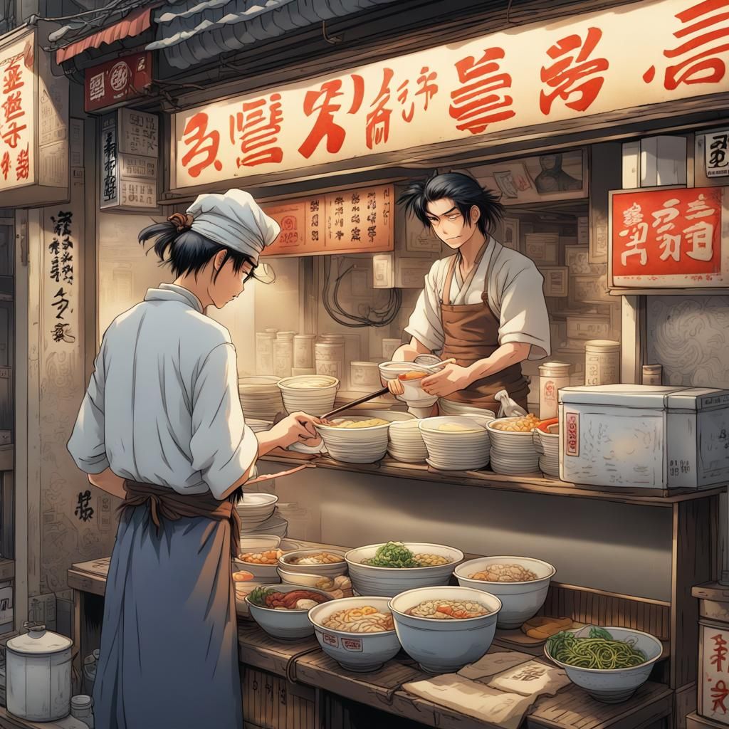 Ramen Vendor at Tokyo Shop, Anime Illustration