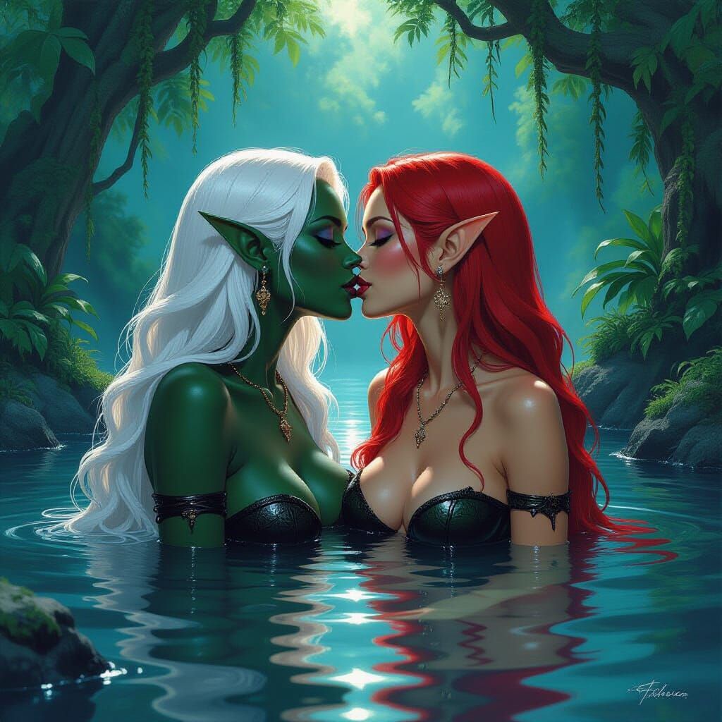 Elven Embrace in a Hot Spring: Fantasy Art