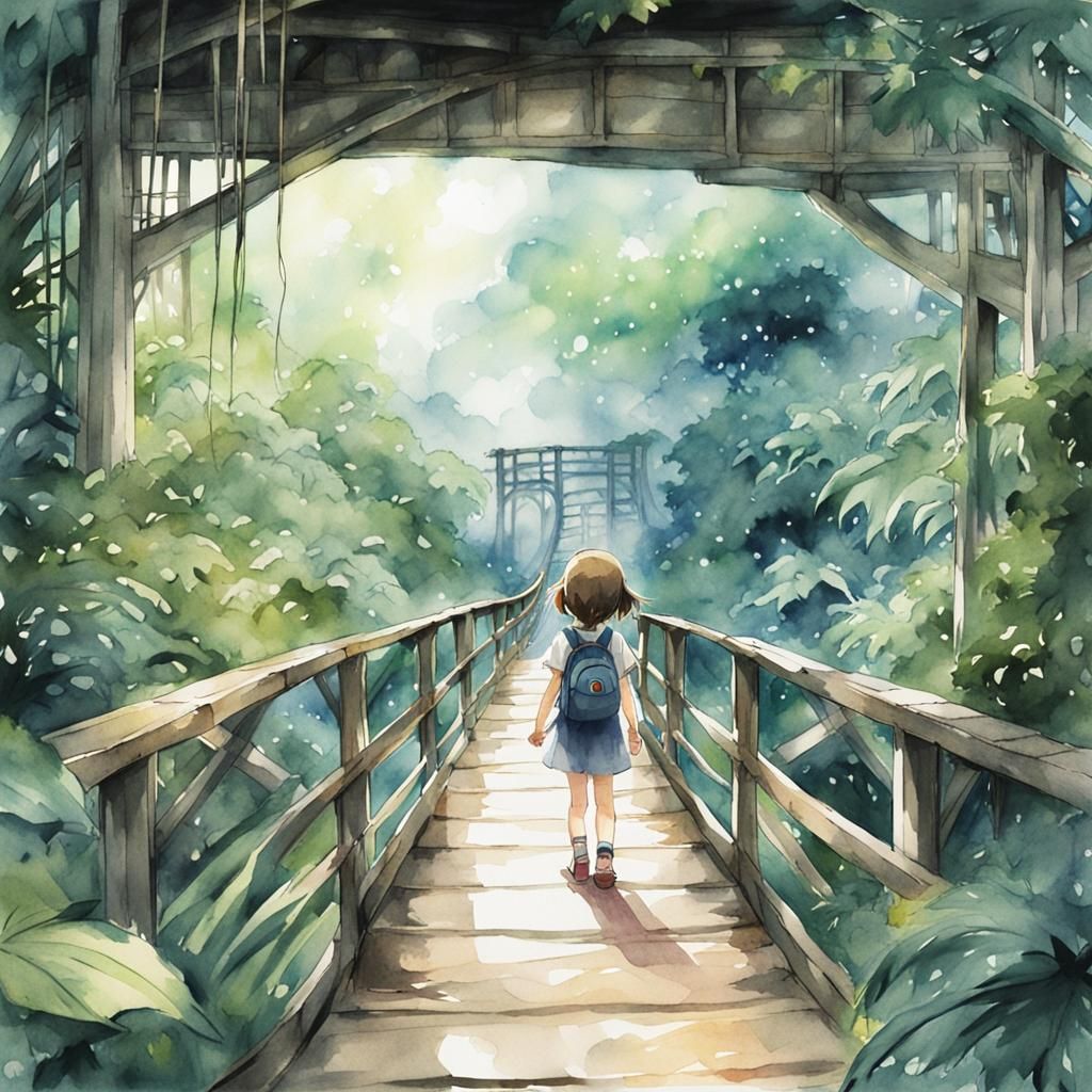 Anime Style Scared Girl on Jungle Bridge
