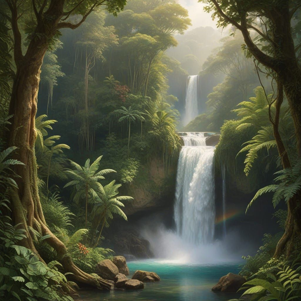 Vibrant Rainbow Over Tropical Waterfall