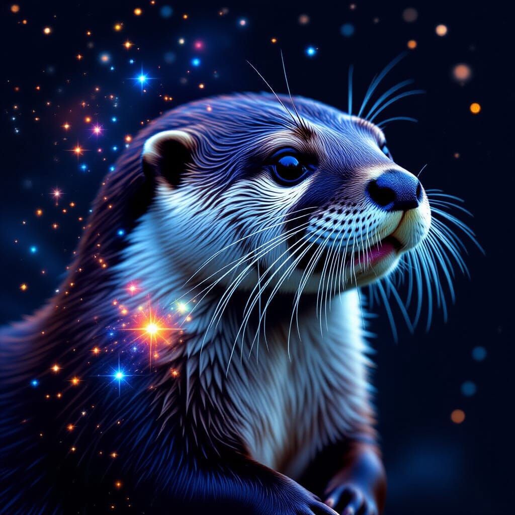 Otter in Bioluminescent Starscape: A Dreamlike Portrait